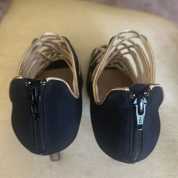 Brian Atwood Naiya Black and Gold Silk Crepe Peep-Toe High-Heel Bootie Size EU42 - Picture 10 of 16